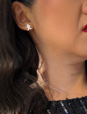 Image Title Female model wearing Gingerbread Holiday Festive Christmas Earrings in Sterling Silver by AAPI Celebrity Jewelry Designer Sonia Hou