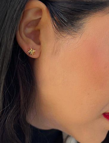 Image Title Female model wearing Holiday Sparkle Festive Christmas Earrings in 18K Gold Over With Sterling Silver by AAPI Celebrity Jewelry Designer Sonia Hou