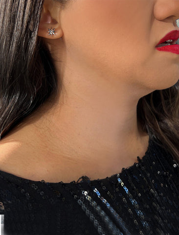 Image Title Female model wearing Holiday Sparkle Festive Christmas Earrings in Sterling Silver by AAPI Celebrity Jewelry Designer Sonia Hou