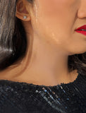 Image Title Female model wearing Holiday Sparkle Festive Christmas Earrings in Sterling Silver by AAPI Celebrity Jewelry Designer Sonia Hou