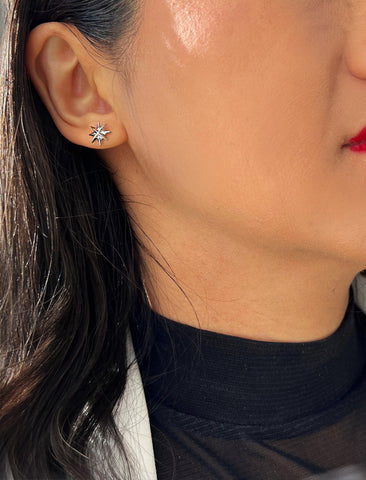 Image Title Female model wearing Holiday Sparkle Festive Christmas Earrings in Sterling Silver by AAPI Celebrity Jewelry Designer Sonia Hou