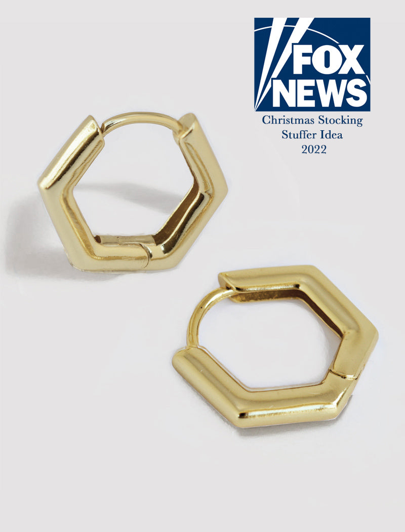 Image Title Minimalist mini tiny small chunky bold thick dainty stacking layering statement round INNOVATE Hexagon Huggie Hoop Earrings in 925 Sterling Silver by Sonia Hou, a celebrity Asian AAPI Chinese demi-fine jewelry designer