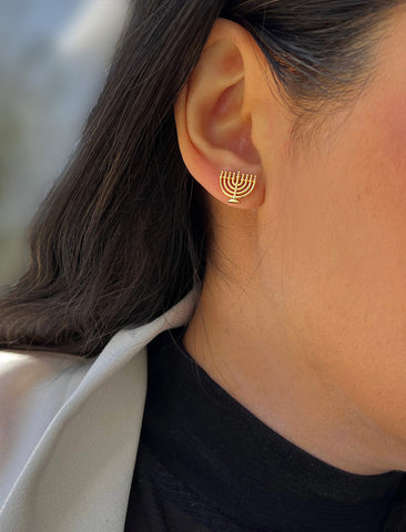 Image Title Female model wearing Menorah Jewish Hanukkah Holiday Festive Earrings in 18K Gold over Sterling Silver by AAPI Celebrity Jewelry Designer Sonia Hou