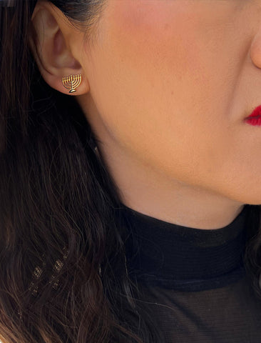 Image Title Female model wearing Menorah Jewish Hanukkah Holiday Festive Earrings in 18K Gold over Sterling Silver by AAPI Celebrity Jewelry Designer Sonia Hou