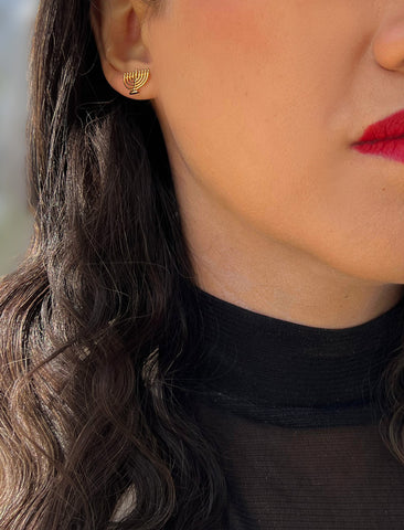 Image Title Female model wearing Menorah Jewish Hanukkah Holiday Festive Earrings in 18K Gold over Sterling Silver by AAPI Celebrity Jewelry Designer Sonia Hou