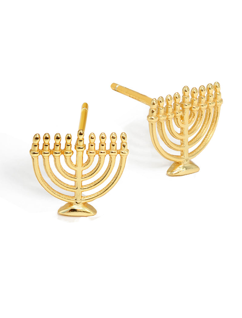 Image Title Menorah Jewish Hanukkah Holiday Festive Earrings in 18K Gold over Sterling Silver by AAPI Celebrity Jewelry Designer Sonia Hou