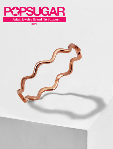 Image Title Asian Inspired Thin Wavy Ramen Noodle Stacking Ring in 18K Rose Gold Vermeil with Sterling Silver base by Sonia Hou, a celebrity AAPI Chinese demi-fine jewelry designer