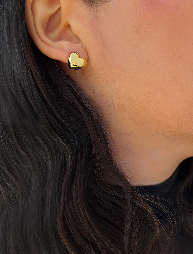 Image Title Female model wearing Puffy Heart Stud Earrings in 18K Gold Over Sterling Silver by AAPI Asian Celebrity Jewelry Designer Sonia Hou - Perfect for Valentine's Day Gift, Mother's Day, Anniversary