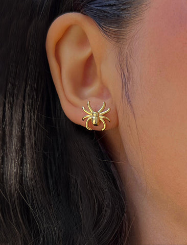 Image Title Woman model wearing Gold Spider Halloween Earrings in 18K Gold Over With Sterling Silver by AAPI Celebrity Jewelry Designer Sonia Hou