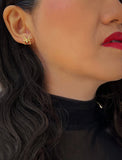 Image Title Woman wearing Gold Spider Halloween Earrings in 18K Gold Over With Sterling Silver by AAPI Celebrity Jewelry Designer Sonia Hou
