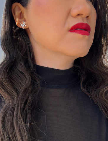 Image Title Female model wearing Silver Spider Halloween Earrings in Sterling Silver by AAPI Celebrity Jewelry Designer Sonia Hou