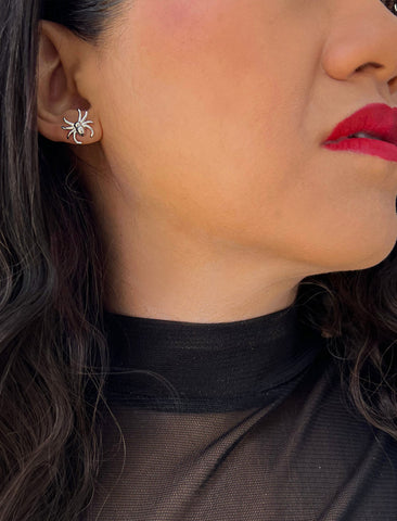 Image Title Woman wearing Silver Spider Halloween Earrings in Sterling Silver by AAPI Celebrity Jewelry Designer Sonia Hou