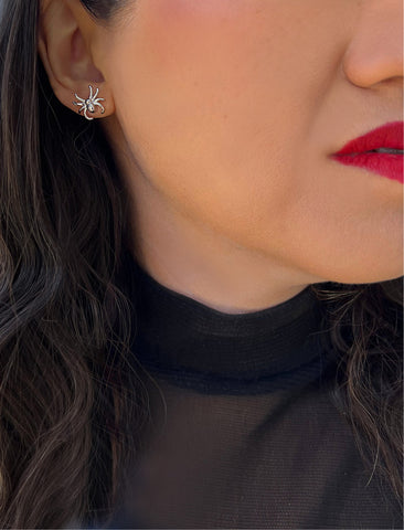Image Title Woman wearing Silver Spider Halloween Earrings in Sterling Silver by AAPI Celebrity Jewelry Designer Sonia Hou