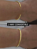 Image Title Female model wearing adjustable minimalist simple Success Thin Cuff Chunky Bold Layering Stacking Statement 2 Way convertible Bangle Cuff Open Bracelet in 18K Gold Vermeil with 925 sterling silver base by Sonia Hou, a celebrity AAPI Chinese demi-fine fashion costume jewelry designer
