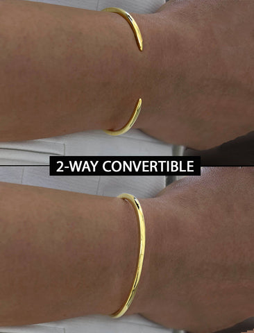 Image Title Female model wearing adjustable minimalist simple Success Thin Cuff Chunky Bold Layering Stacking Statement 2 Way convertible Bangle Cuff Open Bracelet in 18K Gold Vermeil with 925 sterling silver base by Sonia Hou, a celebrity AAPI Chinese demi-fine fashion costume jewelry designer