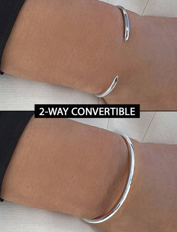 Image Title Female model wearing adjustable minimalist simple Success Thin Cuff Chunky Bold Layering Stacking Statement 2 Way convertible Bangle Cuff Open Bracelet in 925 sterling silver by Sonia Hou, a celebrity AAPI Chinese demi-fine fashion costume jewelry designer