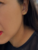 Female model wearing small modern geometric minimalist simple 2-way convertible TRILL dainty wishbone diamond front back ear jacket stud earrings in 18K gold vermeil with 925 sterling silver base by Sonia Hou, a celebrity AAPI Chinese demi-fine fashion costume jewelry designer