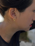 Image Title Female model wearing small modern geometric minimalist simple 2-way convertible TRILL dainty wishbone diamond front back ear jacket stud earrings in 18K gold vermeil with 925 sterling silver base by Sonia Hou, a celebrity AAPI Chinese demi-fine fashion costume jewelry designer