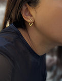 Female model wearing small modern geometric minimalist simple 2-way convertible TRILL dainty wishbone diamond front back ear jacket stud earrings in 18K gold vermeil with 925 sterling silver base by Sonia Hou, a celebrity AAPI Chinese demi-fine fashion costume jewelry designer