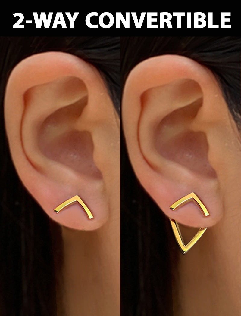 Image Title Female model wearing small modern geometric minimalist simple 2-way convertible TRILL dainty wishbone diamond front back ear jacket stud earrings in 18K gold vermeil with 925 sterling silver base by Sonia Hou, a celebrity AAPI Chinese demi-fine fashion costume jewelry designer