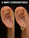 Image Title Female model wearing small modern geometric minimalist simple 2-way convertible TRILL dainty wishbone diamond front back ear jacket stud earrings in 18K gold vermeil with 925 sterling silver base by Sonia Hou, a celebrity AAPI Chinese demi-fine fashion costume jewelry designer