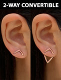 Female model wearing small modern geometric minimalist simple 2-way convertible TRILL dainty wishbone diamond front back ear jacket stud earrings in 18K rose gold vermeil with 925 sterling silver base by Sonia Hou, a celebrity AAPI Chinese demi-fine fashion costume jewelry designer