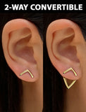 Image Title Female model wearing small modern geometric minimalist simple 2-way convertible TRILL dainty wishbone diamond front back ear jacket stud earrings in 925 sterling silver by Sonia Hou, a celebrity AAPI Chinese demi-fine fashion costume jewelry designer