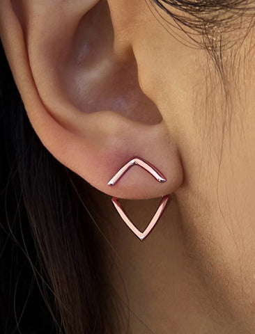 Image Title Female model wearing small modern geometric minimalist simple 2-way convertible TRILL dainty wishbone diamond front back ear jacket stud earrings in 18K rose gold vermeil with 925 sterling silver base by Sonia Hou, a celebrity AAPI Chinese demi-fine fashion costume jewelry designer
