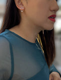 Female model wearing small modern geometric minimalist simple 2-way convertible TRILL dainty wishbone diamond front back ear jacket stud earrings in 925 sterling silver by Sonia Hou, a celebrity AAPI Chinese demi-fine fashion costume jewelry designer