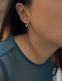 Image Title Female model wearing small modern geometric minimalist simple 2-way convertible TRILL dainty wishbone diamond front back ear jacket stud earrings in 925 sterling silver by Sonia Hou, a celebrity AAPI Chinese demi-fine fashion costume jewelry designer