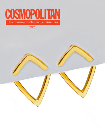 Image Title Small modern geometric minimalist simple 2-way convertible TRILL dainty wishbone diamond front back ear jacket stud earrings in 18K gold vermeil with 925 sterling silver base by Sonia Hou, a celebrity AAPI Chinese demi-fine fashion costume jewelry designer