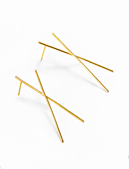 Asian Inspired Chopsticks Minimalist Long Thin Dangle Earrings in 18K Gold Vermeil With Sterling Silver base by Sonia Hou, a celebrity AAPI demi-fine jewelry designer