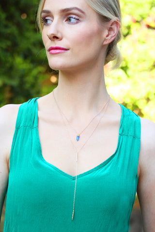 Image Title Female Model Wearing 14K Gold Filled Y Necklace For Women by SONIA HOU Jewelry