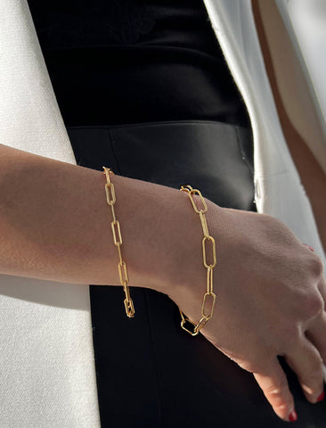 Image Title Female Model wearing Essential Minimalist Large Bold Thick Chunky Link Chain Paperclip Layering Stacking Statement Bracelet in 18K Gold Vermeil With Sterling Silver base by Sonia Hou, a celebrity Chinese AAPI demi-fine jewelry designer