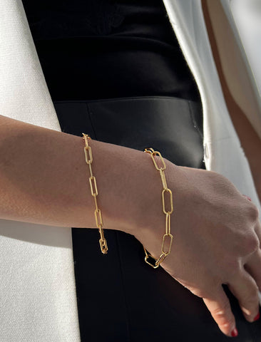 Image Title Female Model wearing Essential Minimalist Large Bold Thick Chunky Link Chain Paperclip Layering Stacking Statement Bracelet in 18K Gold Vermeil With Sterling Silver base by Sonia Hou, a celebrity Chinese AAPI demi-fine jewelry designer