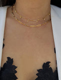Image Title Female Model wearing Essential Minimalist Thick Chunky Link Chain Paperclip Mid Length Choker Layering Statement Necklace in 18K Gold Vermeil With Sterling Silver base by Sonia Hou, a celebrity Chinese AAPI demi-fine jewelry designer