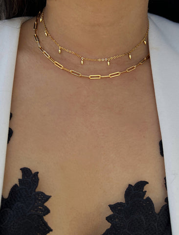 Image Title Female Model wearing Essential Minimalist Thick Chunky Link Chain Paperclip Mid Length Choker Layering Statement Necklace in 18K Gold Vermeil With Sterling Silver base by Sonia Hou, a celebrity Chinese AAPI demi-fine jewelry designer