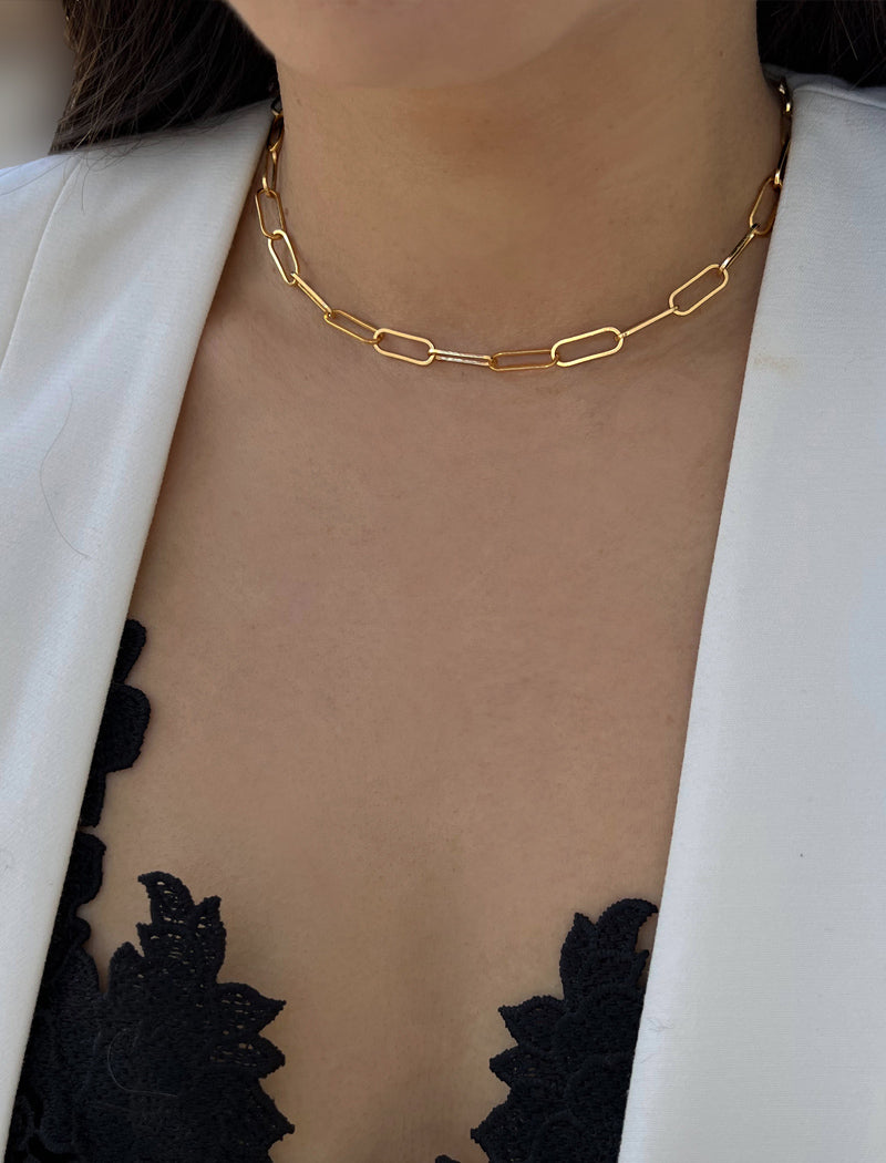 Image Title Female Model wearing Essential Minimalist Large Thick Chunky Link Chain Paperclip Mid Length Choker Layering Statement Necklace in 18K Gold Vermeil With Sterling Silver base by Sonia Hou, a celebrity Chinese AAPI demi-fine jewelry designer