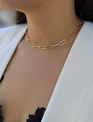 Image Title Female Model wearing Essential Minimalist Large Thick Chunky Link Chain Paperclip Mid Length Choker Layering Statement Necklace in 18K Gold Vermeil With Sterling Silver base by Sonia Hou, a celebrity Chinese AAPI demi-fine jewelry designer