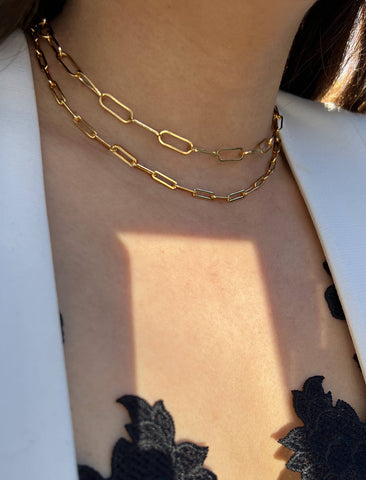 Image Title Female model wearing gender neutral Asian Inspired Lucky Charm Four Blessings 3-Way Convertible Coin Pendant with a Large Paperclip Link Chain Statement Bold Thick Chunky Layering Stacking Rectangular Necklace in 18K Gold Vermeil Over Sterling Silver by Sonia Hou, a celebrity AAPI Chinese demi-fine jewelry designer