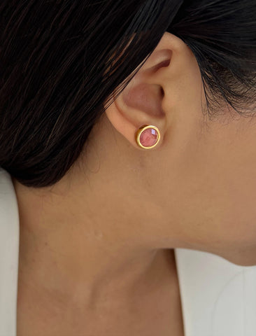 Image Title Female model wearing luxe minimalist small or big FIRE 3-Way Convertible Pink Coral Gemstone Round Stud earrings in 24K Gold by Sonia Hou, a celebrity AAPI Asian Chinese demi-fine fashion costume jewelry designer.