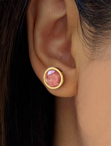 Image Title Female model wearing luxe minimalist small or big FIRE 3-Way Convertible Pink Coral Gemstone Round Stud earrings in 24K Gold by Sonia Hou, a celebrity AAPI Asian Chinese demi-fine fashion costume jewelry designer.