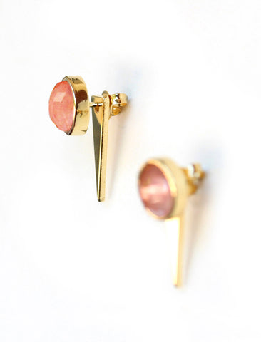 Image Title Luxe minimalist small or big FIRE 3-Way Convertible Geometric Pink Coral Gemstone Round Stud Triangle Spike Earring Jackets in 24K Gold by Sonia Hou, a celebrity AAPI Asian Chinese demi-fine fashion costume jewelry designer. Actress Jessica Alba wore these similar modern spike ear jackets.