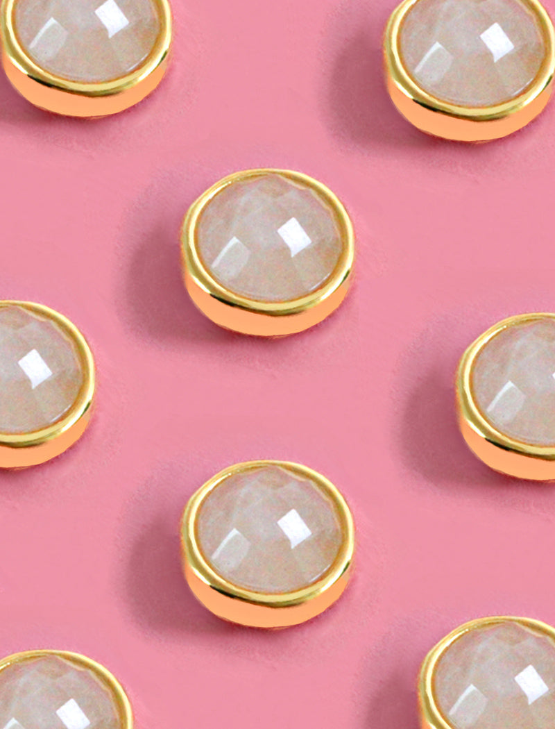 Image Title Luxe minimalist small or big FIRE 3-Way Convertible White Quartz Gemstone Round Stud earrings in 24K Gold by Sonia Hou, a celebrity AAPI Asian Chinese demi-fine fashion costume jewelry designer.