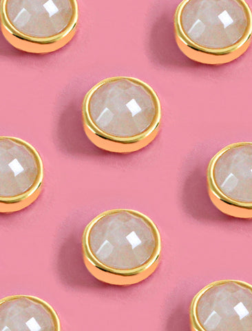 Image Title Luxe minimalist small or big FIRE 3-Way Convertible White Quartz Gemstone Round Stud earrings in 24K Gold by Sonia Hou, a celebrity AAPI Asian Chinese demi-fine fashion costume jewelry designer.