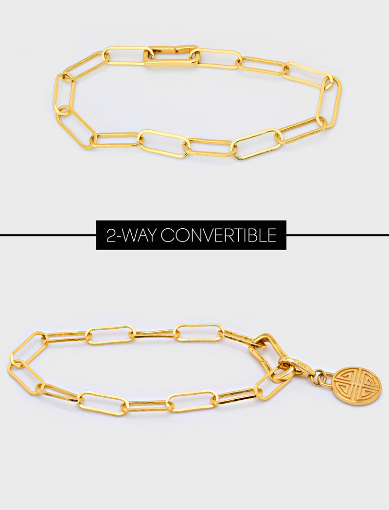 Image Title Asian Inspired Minimalist 2 Way Convertible Lucky Charm Coin Four Blessings Pendant With A Paperclip Link Chain Statement Bold Thick Chunky Layering Stacking Rectangular Bracelet in 18K Gold Vermeil With Sterling Silver base by Sonia Hou, a celebrity AAPI Chinese demi-fine jewelry designer