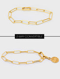 Image Title Asian Inspired Minimalist 2 Way Convertible Lucky Charm Coin Four Blessings Pendant With A Paperclip Link Chain Statement Bold Thick Chunky Layering Stacking Rectangular Bracelet in 18K Gold Vermeil With Sterling Silver base by Sonia Hou, a celebrity AAPI Chinese demi-fine jewelry designer