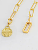 Image Title Asian Inspired Minimalist 2 Way Convertible Lucky Charm Coin Four Blessings Pendant With A Paperclip Link Chain Statement Bold Thick Chunky Layering Stacking Rectangular Bracelet in 18K Gold Vermeil With Sterling Silver base by Sonia Hou, a celebrity AAPI Chinese demi-fine jewelry designer