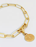Image Title Asian Inspired Minimalist 2 Way Convertible Lucky Charm Coin Four Blessings Pendant With A Paperclip Link Chain Statement Bold Thick Chunky Layering Stacking Rectangular Bracelet in 18K Gold Vermeil With Sterling Silver base by Sonia Hou, a celebrity AAPI Chinese demi-fine jewelry designer