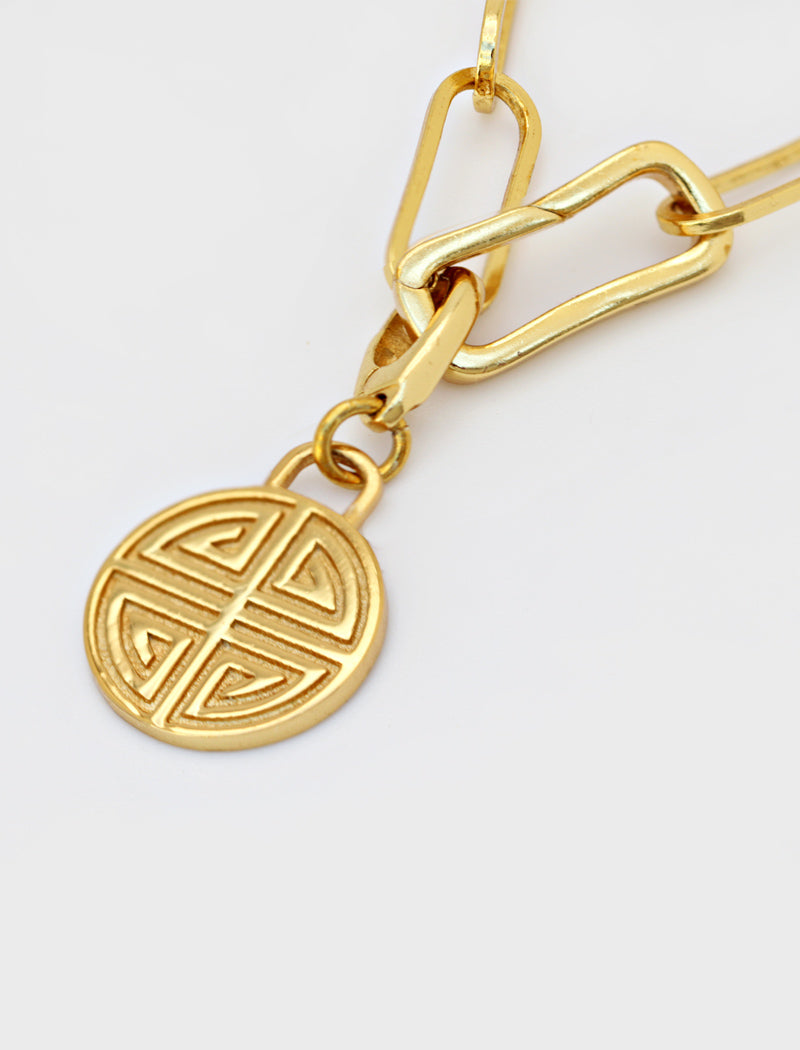 Image Title Asian Inspired Minimalist 2 Way Convertible Lucky Charm Coin Four Blessings Pendant With A Paperclip Link Chain Statement Bold Thick Chunky Layering Stacking Rectangular Bracelet in 18K Gold Vermeil With Sterling Silver base by Sonia Hou, a celebrity AAPI Chinese demi-fine jewelry designer